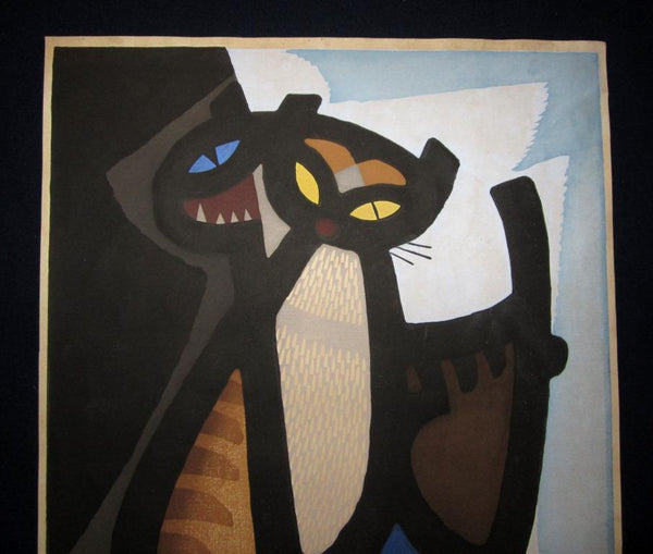 A Great Huge Orig Japanese Woodblock Print PENCIL Sign LIMIT number Inagaki Tomoo Two Characters of Cat