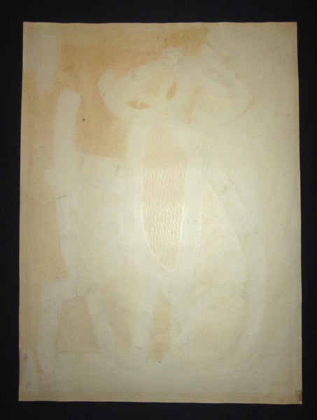 A Great Huge Orig Japanese Woodblock Print PENCIL Sign LIMIT number Inagaki Tomoo Two Characters of Cat
