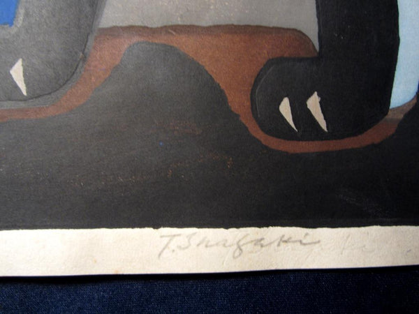 A Great Huge Orig Japanese Woodblock Print PENCIL Sign LIMIT number Inagaki Tomoo Two Characters of Cat