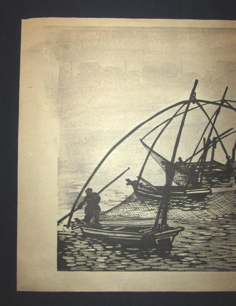 A Great Huge Orig Japanese Woodblock Print Fishing