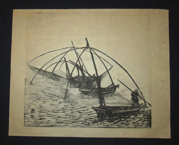 A Great Huge Orig Japanese Woodblock Print Fishing