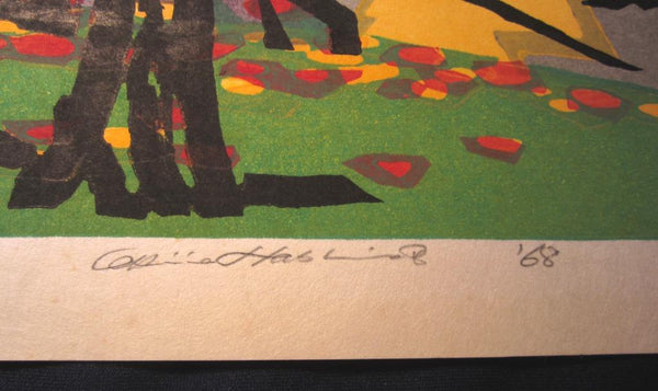 A HUGE Orig Japanese Woodblock Print PENCIL Sign Limit# Hashimoto Okiie Kyoko Pond Maple Leaves 1968