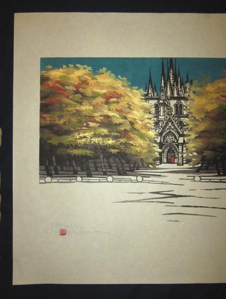 A Huge Orig Japanese Woodblock Print PENCIL Sign LIMIT# Kan Kawada Saint Andre Cathedral France 1973