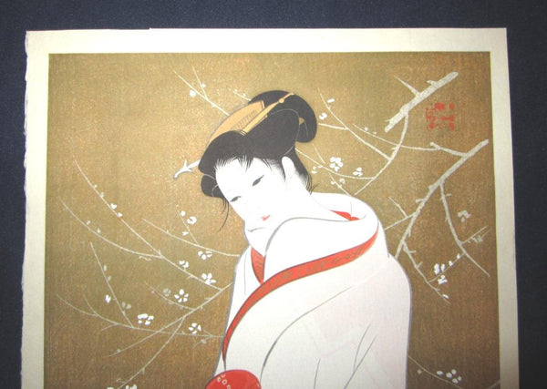 A Great Orig Japanese Woodblock Print Iwata Sentaro Bijin Beauty Plum 1970