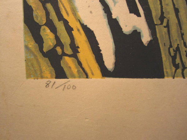 A Huge Orig Japanese Woodblock Print LIMIT NUMBER PENCIL SIGN Kitaoka Fumio Lake Shikotsu Winter 1971
