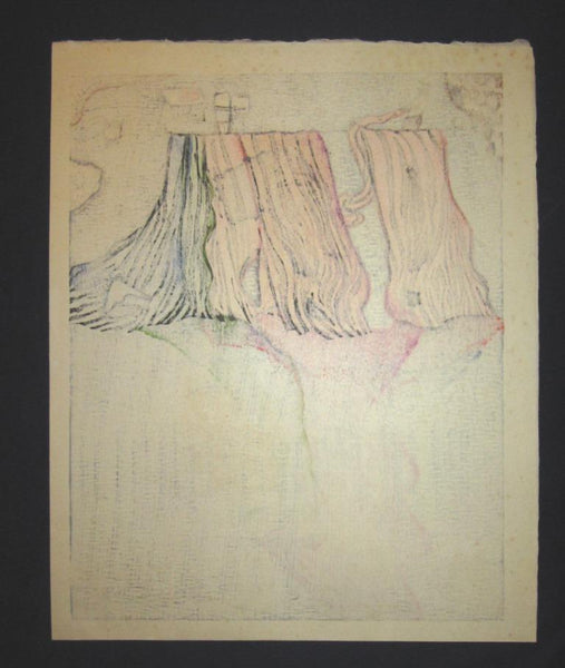 A HUGE Orig Japanese Woodblock Print PENCIL Sign Limit# Hashimoto Okiie Katsuragawa Poem 1984