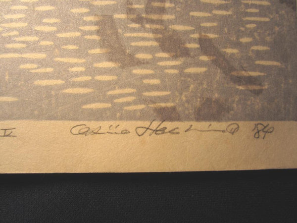 A HUGE Orig Japanese Woodblock Print PENCIL Sign Limit# Hashimoto Okiie Katsuragawa Poem 1984