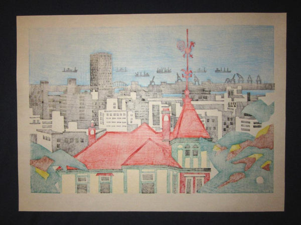 A Huge Orig Japanese Woodblock Print PENCIL Limit# Kawanishi Yuzaburo Cupola Rooster Weathervane 1970S