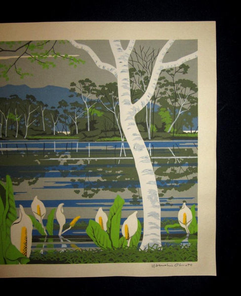 A Huge Orig Japanese Woodblock Print PENCIL Sign LIMIT# Yasushi Ohmoto Onuma and Water Basho