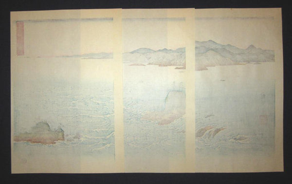 A Beautiful Japanese Woodblock Print Triptych Hiroshige Utagawa Whirlpools of Naruto Straits in Awa Prefecture (2)