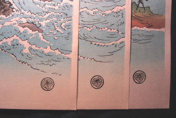 A Beautiful Japanese Woodblock Print Triptych Hiroshige Utagawa Whirlpools of Naruto Straits in Awa Prefecture (2)