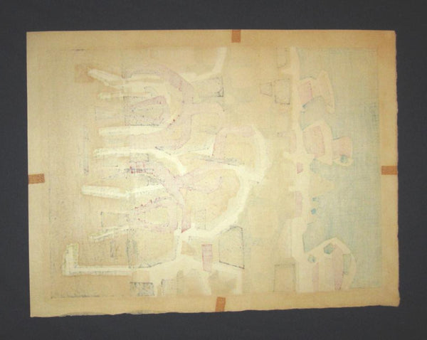 A HUGE Orig Japanese Woodblock Print PENCIL Sign Limit# Hashimoto Okiie Castle Moat 1973