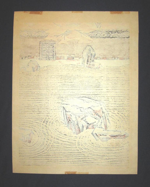 A HUGE Orig Japanese Woodblock Print PENCIL Sign Limit# Hashimoto Okiie Stone Garden 1976
