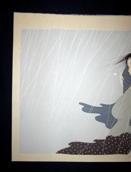 A Great Extra LARGE Orig Japanese Woodblock Print Nakajima Kiyoshi PENCIL sign Misty Rain Lending a Touch of Mystery to a Bijin’s Evening