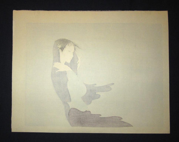 A Great Extra LARGE Orig Japanese Woodblock Print Nakajima Kiyoshi PENCIL sign Misty Rain Lending a Touch of Mystery to a Bijin’s Evening