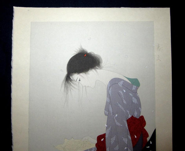A Great Extra LARGE Orig Japanese Woodblock Print PENCIL Love Letter Bijin