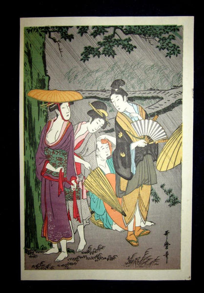 A Great Japanese Woodblock Print Triptych Utamaro Awaiting the Shower to Stop