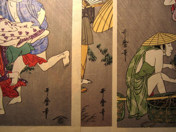 A Great Japanese Woodblock Print Triptych Utamaro Awaiting the Shower to Stop