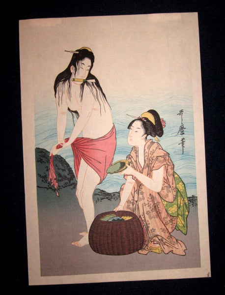 A Great Japanese Woodblock Print Triptych Utamaro Nude Sea Women