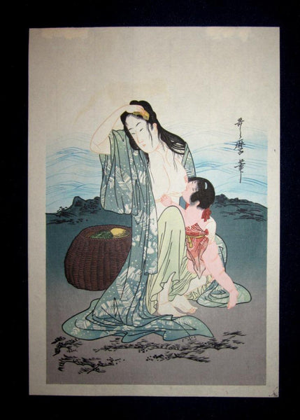 A Great Japanese Woodblock Print Triptych Utamaro Nude Sea Women