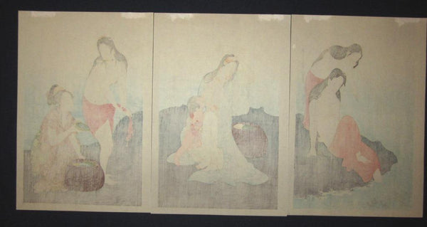 A Great Japanese Woodblock Print Triptych Utamaro Nude Sea Women