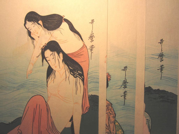 A Great Japanese Woodblock Print Triptych Utamaro Nude Sea Women