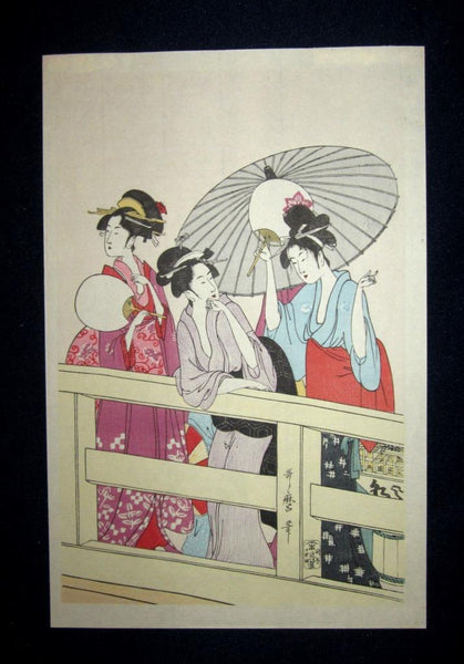 A Great Japanese Woodblock Print Triptych Utamaro Ryogoku Two-country Bridge