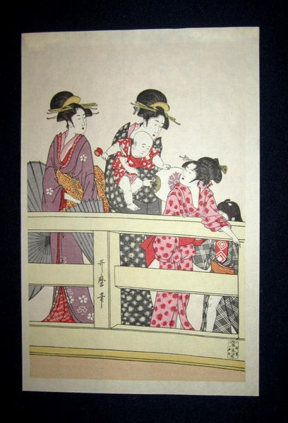 A Great Japanese Woodblock Print Triptych Utamaro Ryogoku Two-country Bridge