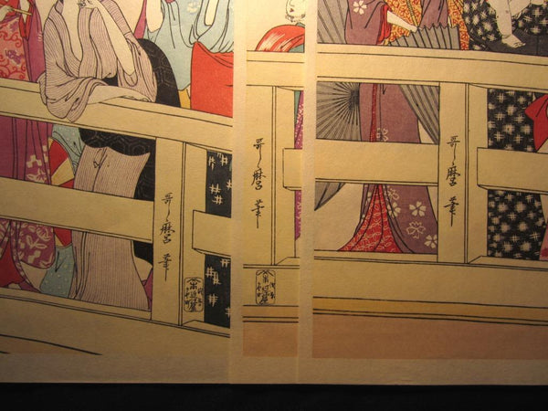 A Great Japanese Woodblock Print Triptych Utamaro Ryogoku Two-country Bridge