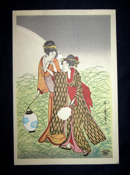 A Great Japanese Woodblock Print Triptych Utamaro Moon Rising