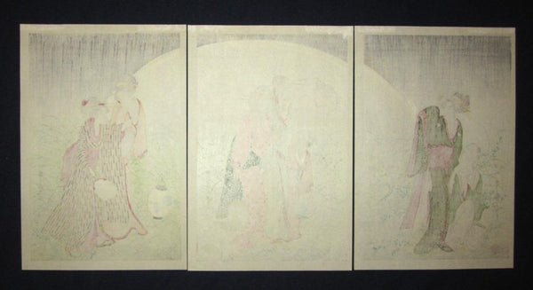 A Great Japanese Woodblock Print Triptych Utamaro Moon Rising