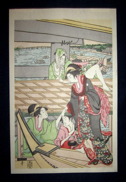 A Great Japanese Woodblock Print Triptych Utamaro under Ryogoku Two-country Bridge
