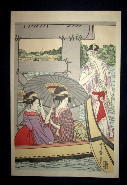 A Great Japanese Woodblock Print Triptych Utamaro under Ryogoku Two-country Bridge