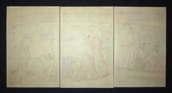 A Great Japanese Woodblock Print Triptych Utamaro under Ryogoku Two-country Bridge