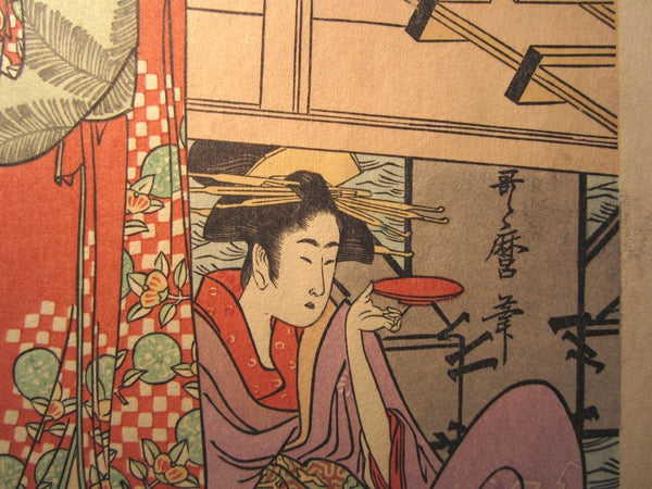 A Great Japanese Woodblock Print Triptych Utamaro under Ryogoku Two-country Bridge