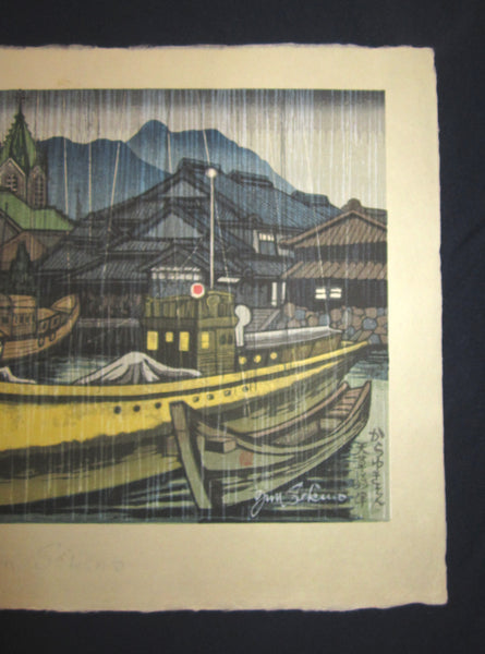 A Huge Orig Japanese Woodblock Print Junichiro Sekino Limit# Amakusa Sakitsu Cathedral Rain, Water Mark (2)