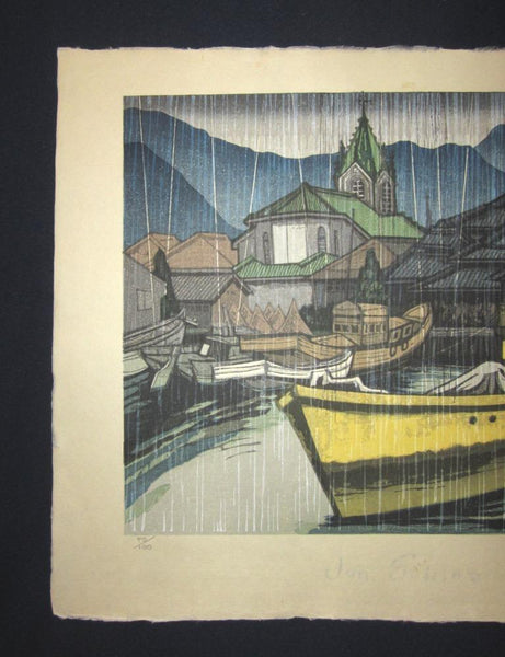 A Huge Orig Japanese Woodblock Print Junichiro Sekino Limit# Amakusa Sakitsu Cathedral Rain, Water Mark (2)