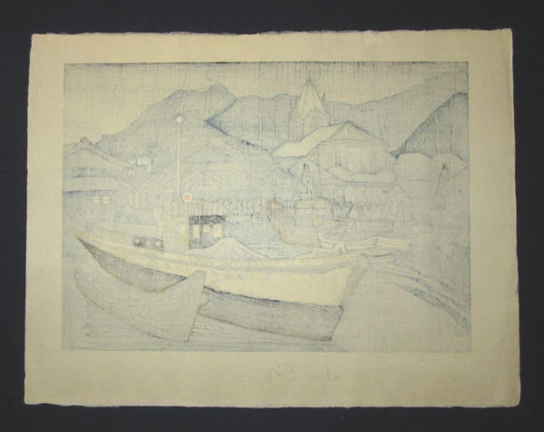 A Huge Orig Japanese Woodblock Print Junichiro Sekino Limit# Amakusa Sakitsu Cathedral Rain, Water Mark (2)
