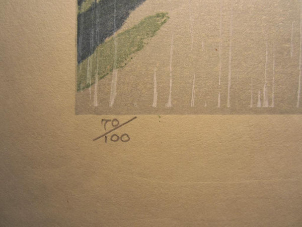 A Huge Orig Japanese Woodblock Print Junichiro Sekino Limit# Amakusa Sakitsu Cathedral Rain, Water Mark (2)