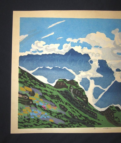 A HUGE Orig Japanese Woodblock Print PENCIL Sign Limit# Hashimoto Okiie 1943 Mountain Daytime