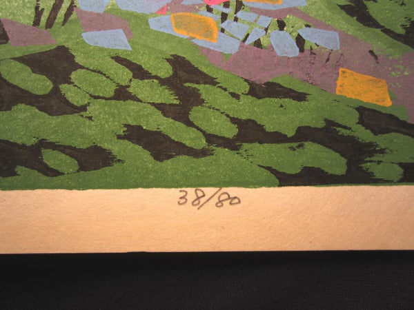 A HUGE Orig Japanese Woodblock Print PENCIL Sign Limit# Hashimoto Okiie 1943 Mountain Daytime