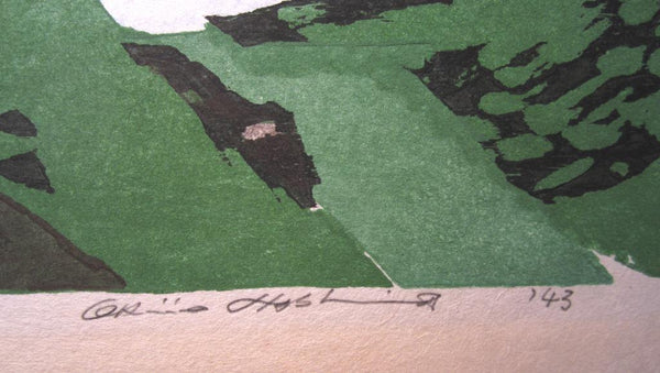A HUGE Orig Japanese Woodblock Print PENCIL Sign Limit# Hashimoto Okiie 1943 Mountain Daytime