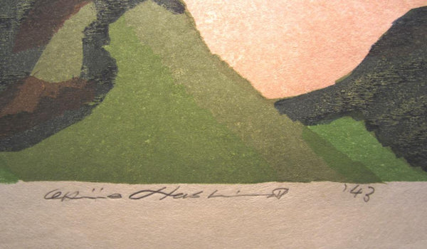 A HUGE Orig Japanese Woodblock Print PENCIL Sign Limit# Hashimoto Okiie 1943 Mountain Evening
