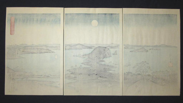 A Great Japanese Woodblock Print Triptych Hiroshige Utagawa Eight Views of Kanazawa at Night (2)