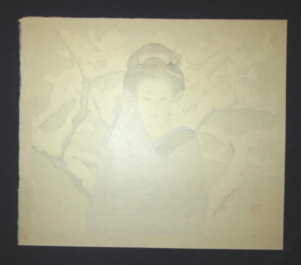 A Huge Orig Japanese Woodblock Print Shimura Tatsumi PENCIL LIMITED# Maiko snow 1970s