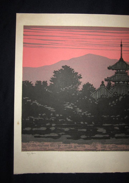 A Great Huge Orig Japanese Woodblock Print Pencil-Signed Limit# Fujita Fumio Turtledove Pagoda 1993