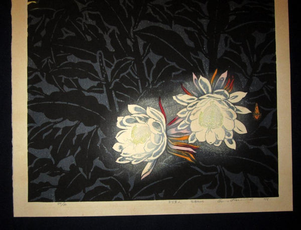 A HUGE Orig Japanese Woodblock Print PENCIL Sign Limit# Hashimoto Okiie Beauty under Moon 1975