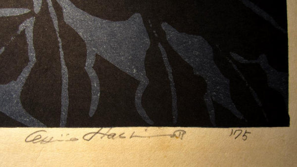 A HUGE Orig Japanese Woodblock Print PENCIL Sign Limit# Hashimoto Okiie Beauty under Moon 1975