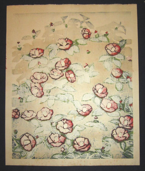 A HUGE Orig Japanese Woodblock Print PENCIL Sign Limit# Hashimoto Okiie Camellia 1974