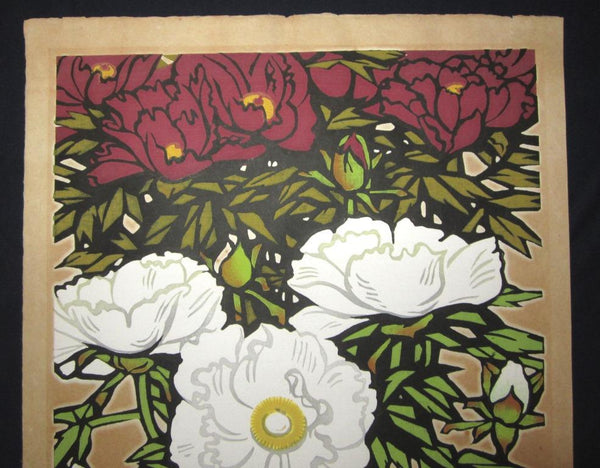A HUGE Orig Japanese Woodblock Print PENCIL Sign Limit# Hashimoto Okiie Peony 1974